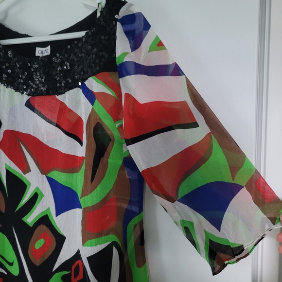 NWT Cache Sz M Sequin Geometric Printed Chiffon Silk Dress With Black Slip - Picture 2 of 10